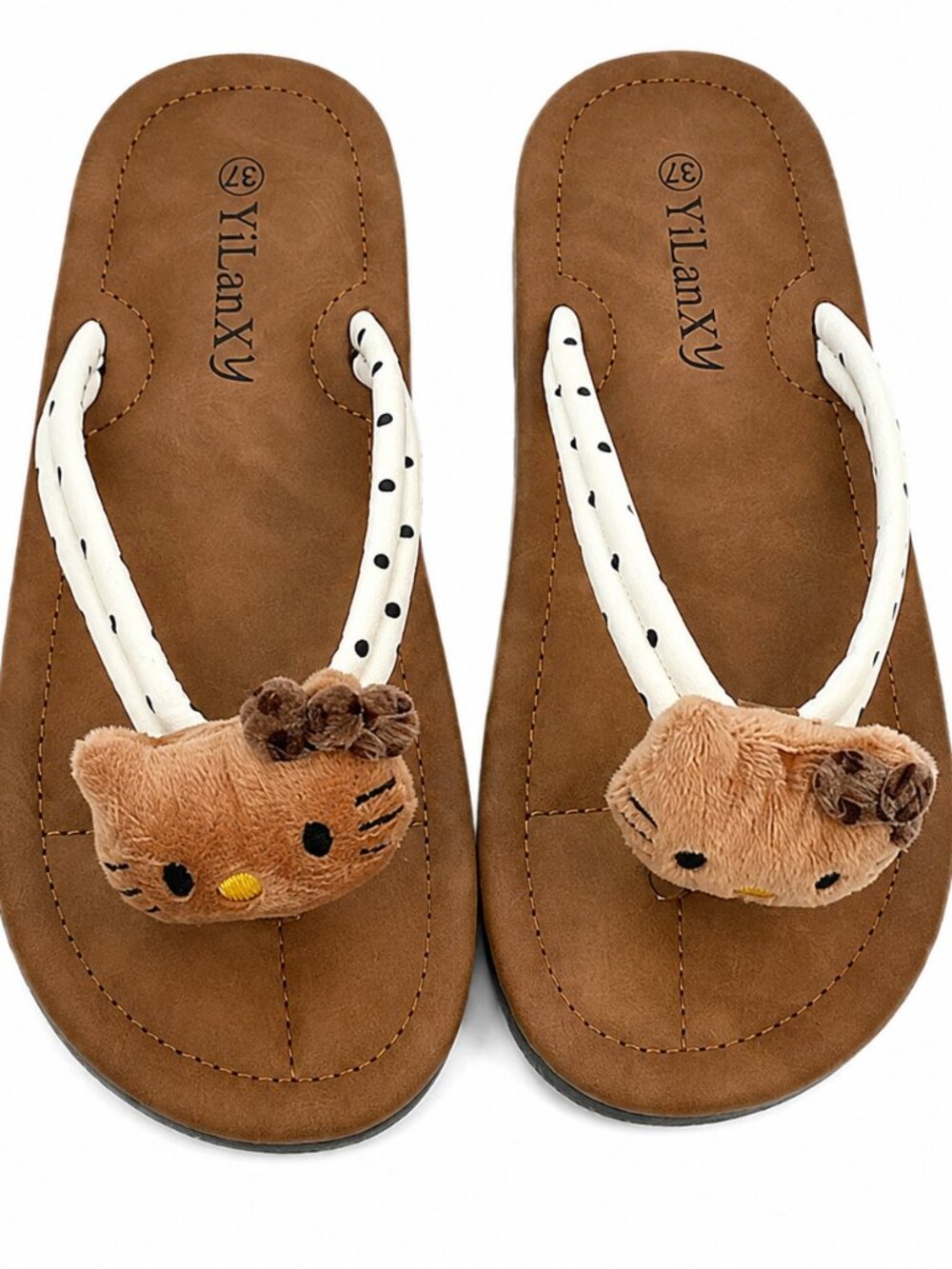 Women’s Cute Cat Flip Flops Plush Cat Thong Sandals White Polka Dot Straps